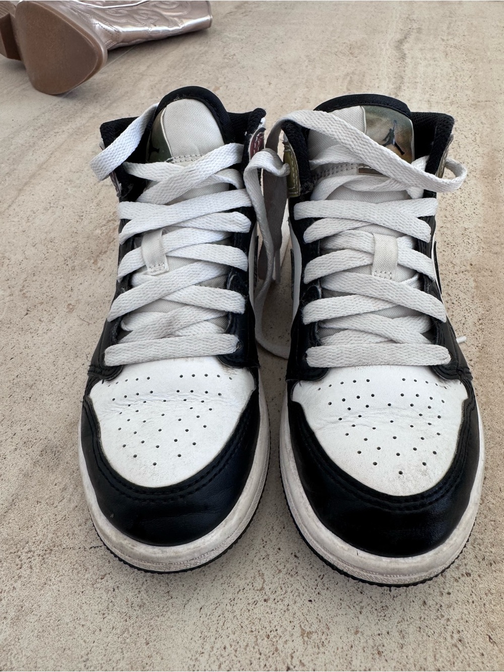 Air Jordan 1 mid. Black and white with Reflective iridescent heel panel. Size 13